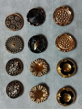 Vintage black glass gold luster buttons, pairs and singles, mid-century